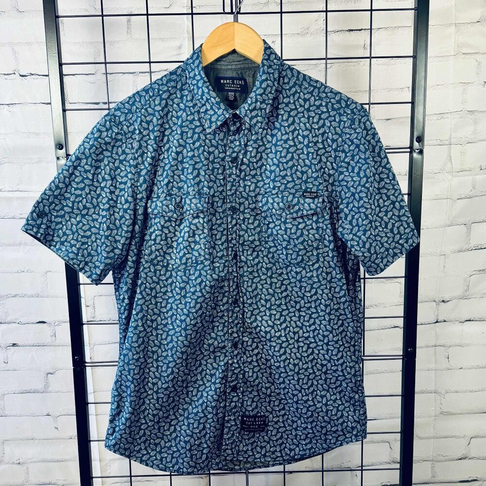 Marc Ecko Cut & Sew Men’s Short Sleeve Button-Up Shirt – Blue Leaf Print, Size M